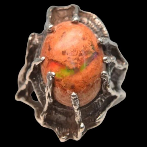 Antique Brown Opal & Silver Ring Handcrafted Art Nouveau Arts & Craft Era